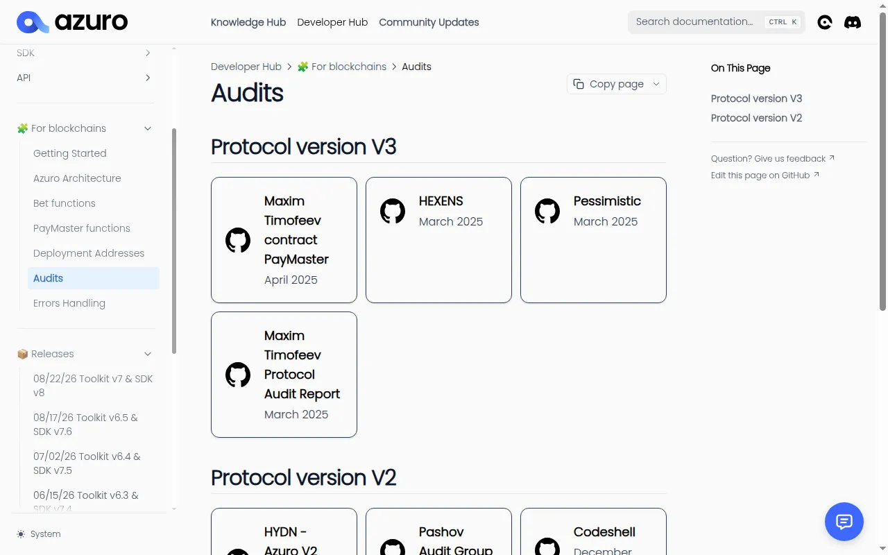 The Azuro developer hub page listing its security audits