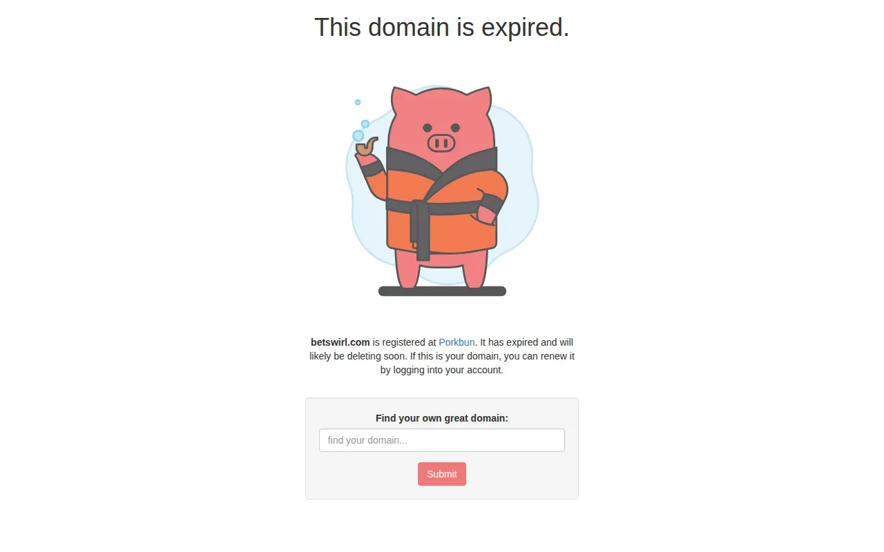 betswirl.com showing a registrar page saying the domain is expired