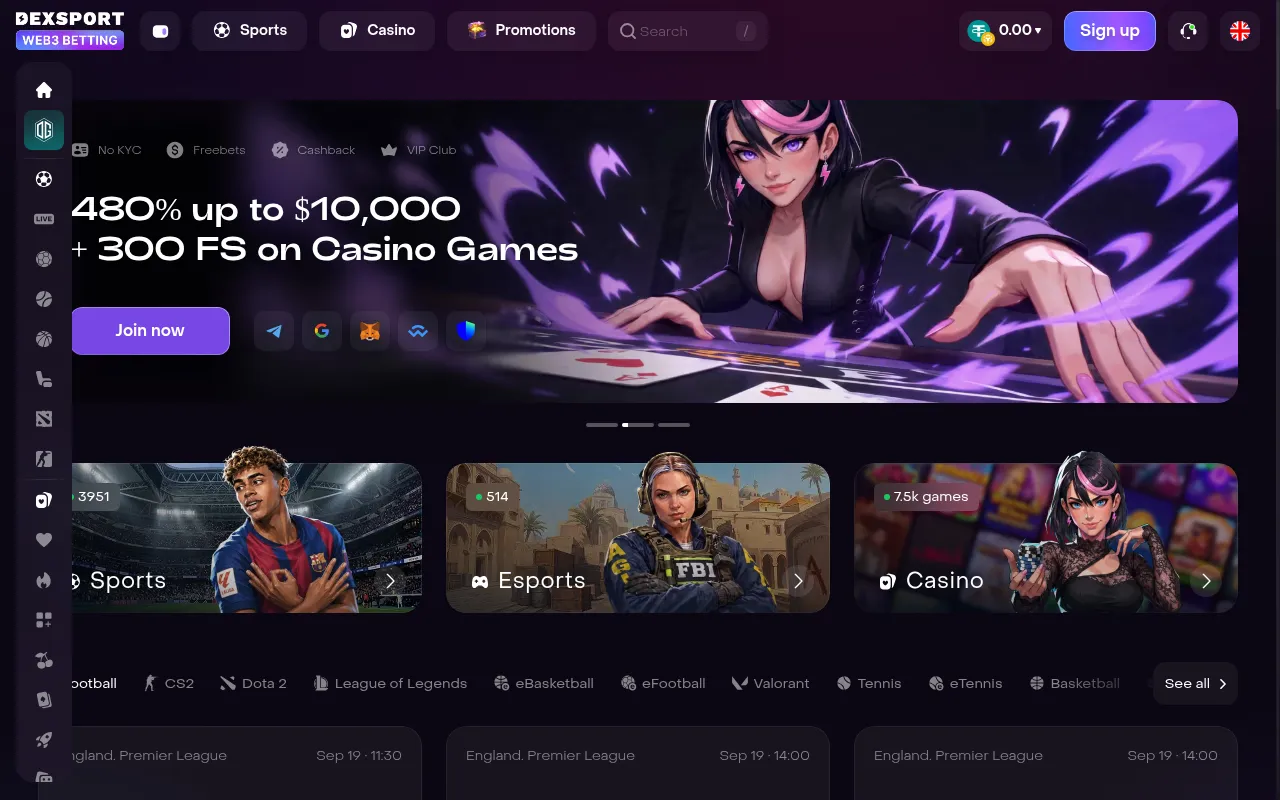 The Dexsport front page with sports, esports and casino