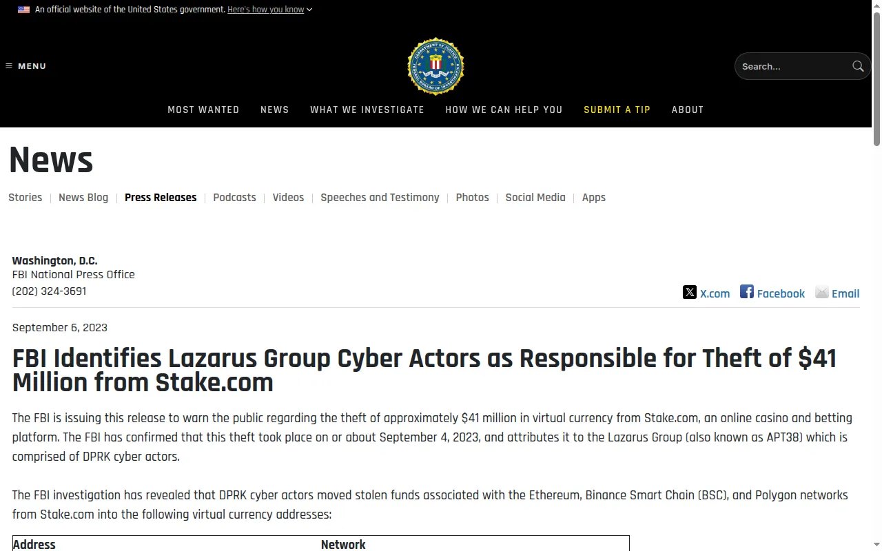 FBI press release on the theft of $41 million from Stake.com