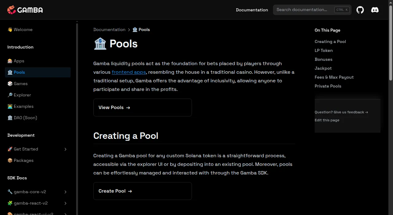 The Gamba documentation page on liquidity pools