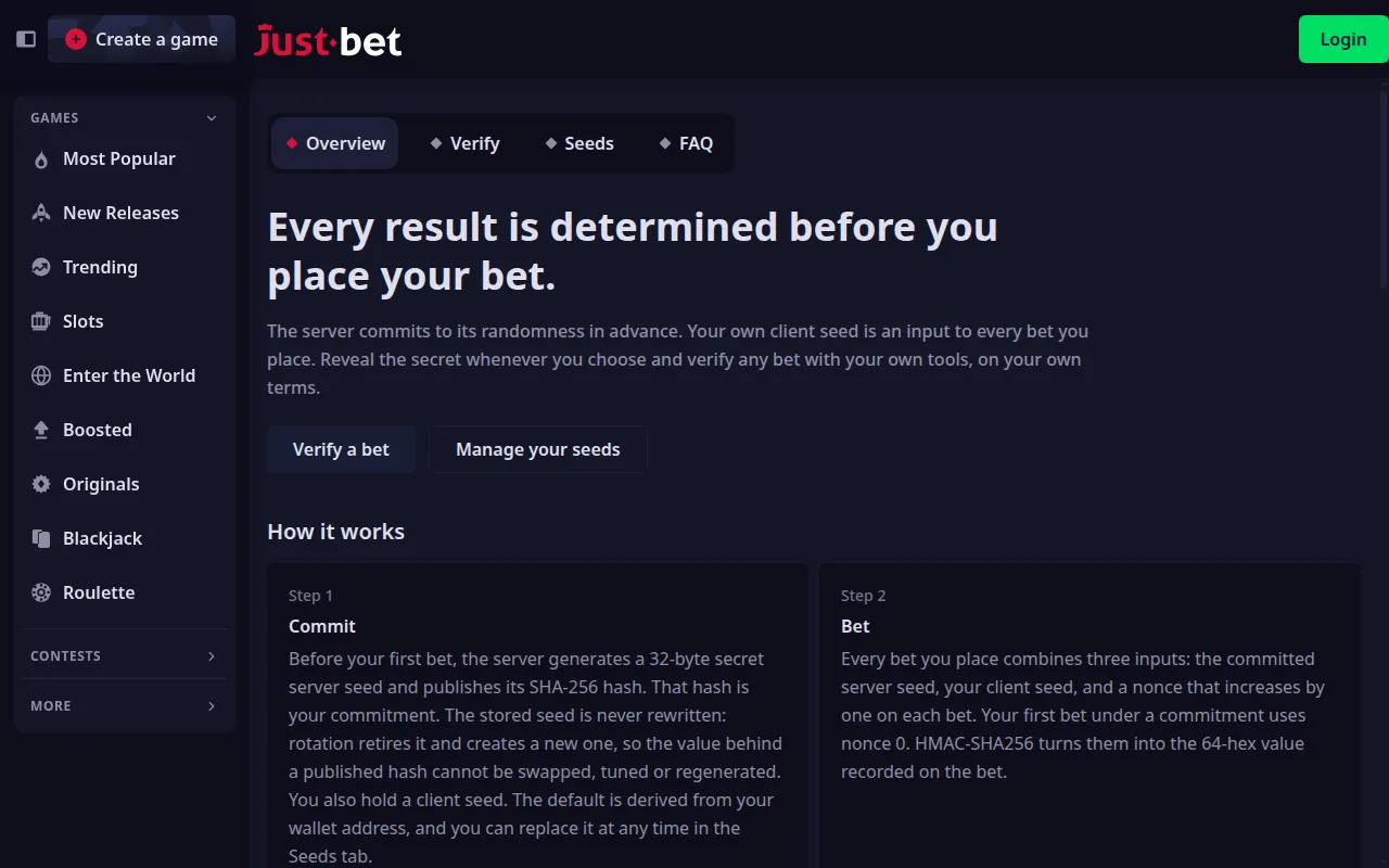 The JustBet provably fair page explaining commit, bet and reveal