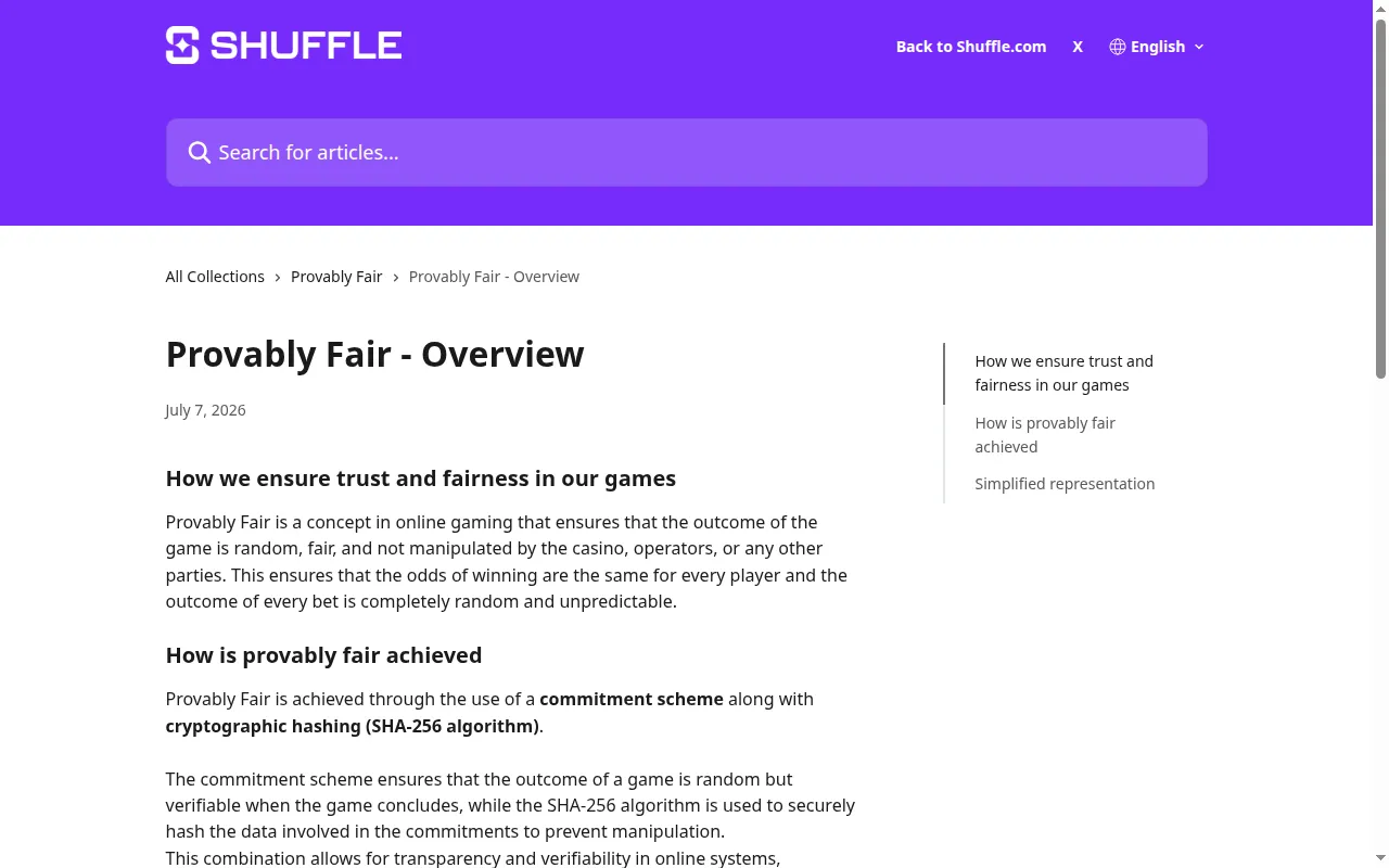The Shuffle help centre page on provably fair