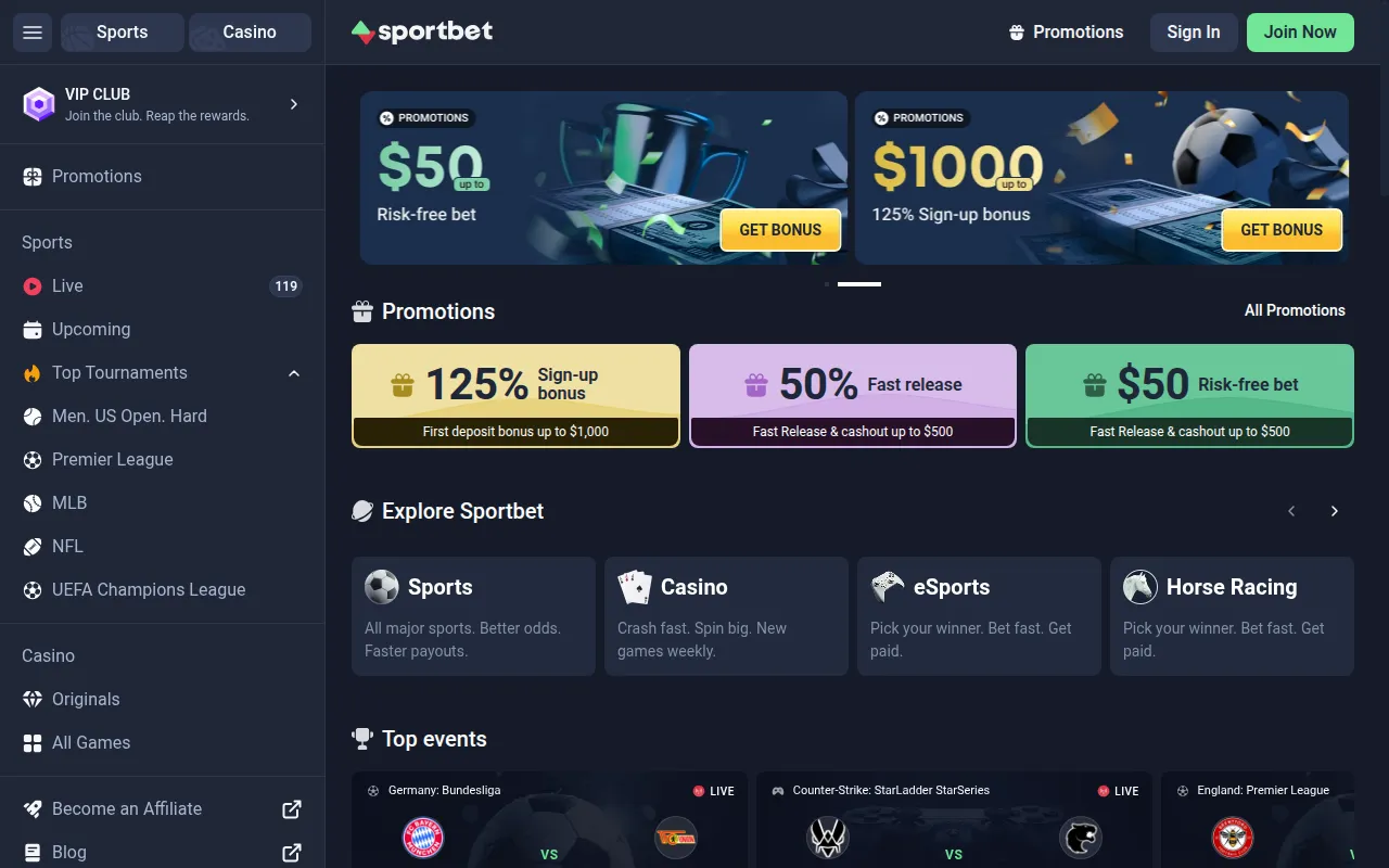 The Sportbet.one front page with promotions