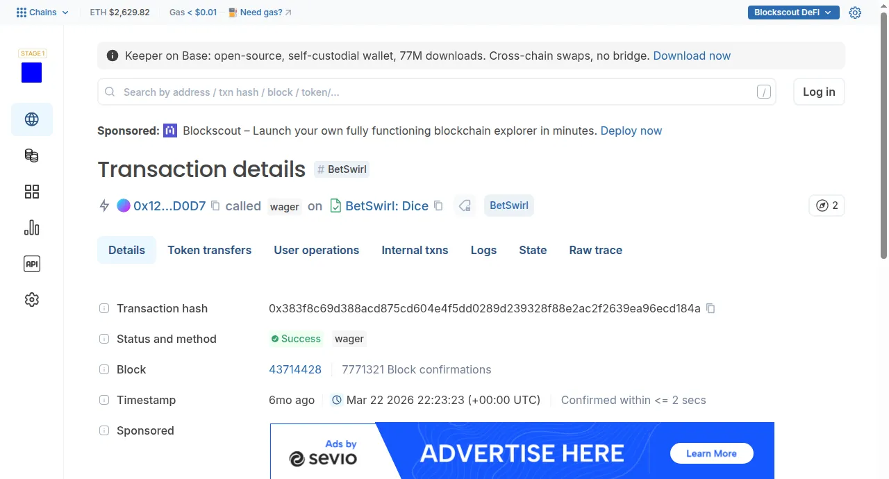 A BetSwirl Dice bet on Base in the Blockscout explorer