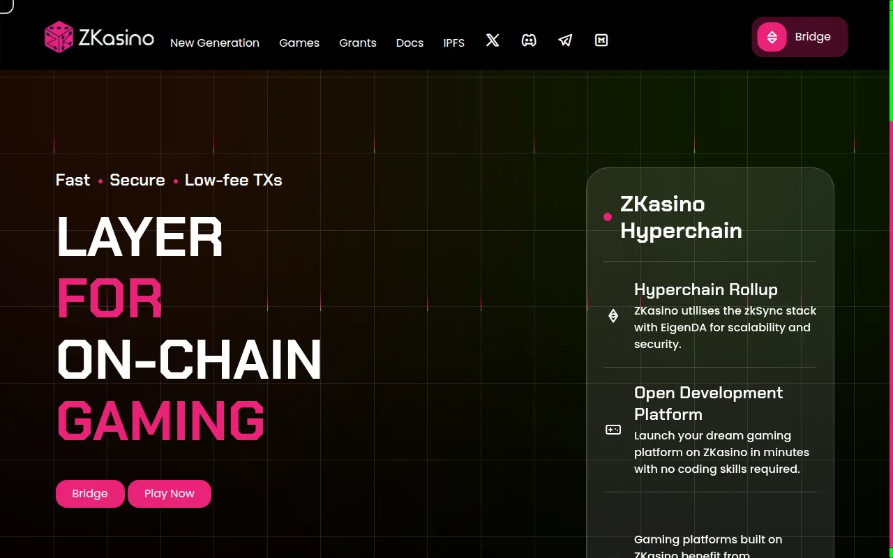 The ZKasino landing page
